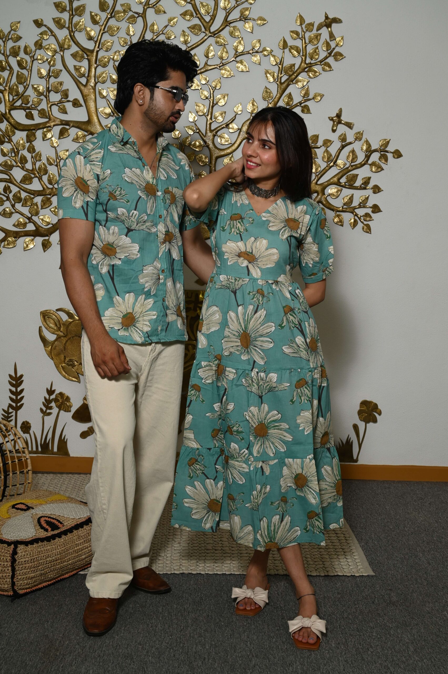Couple Matching Teal-Blue floral Printed Cotton Anarkali Midi Dress & Shirt Set | Summer Casual Wear - Image 4