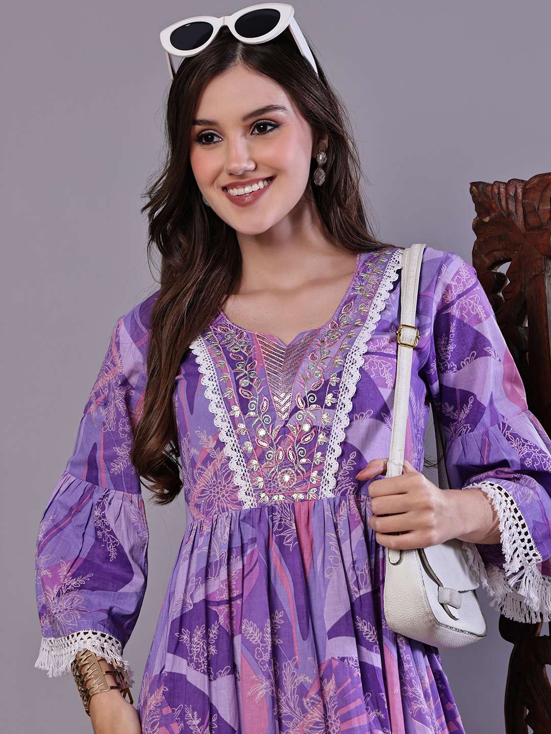 Women's Purple Floral Cotton A-Line Dress with Lace Detailing Midi Dresses - Image 4