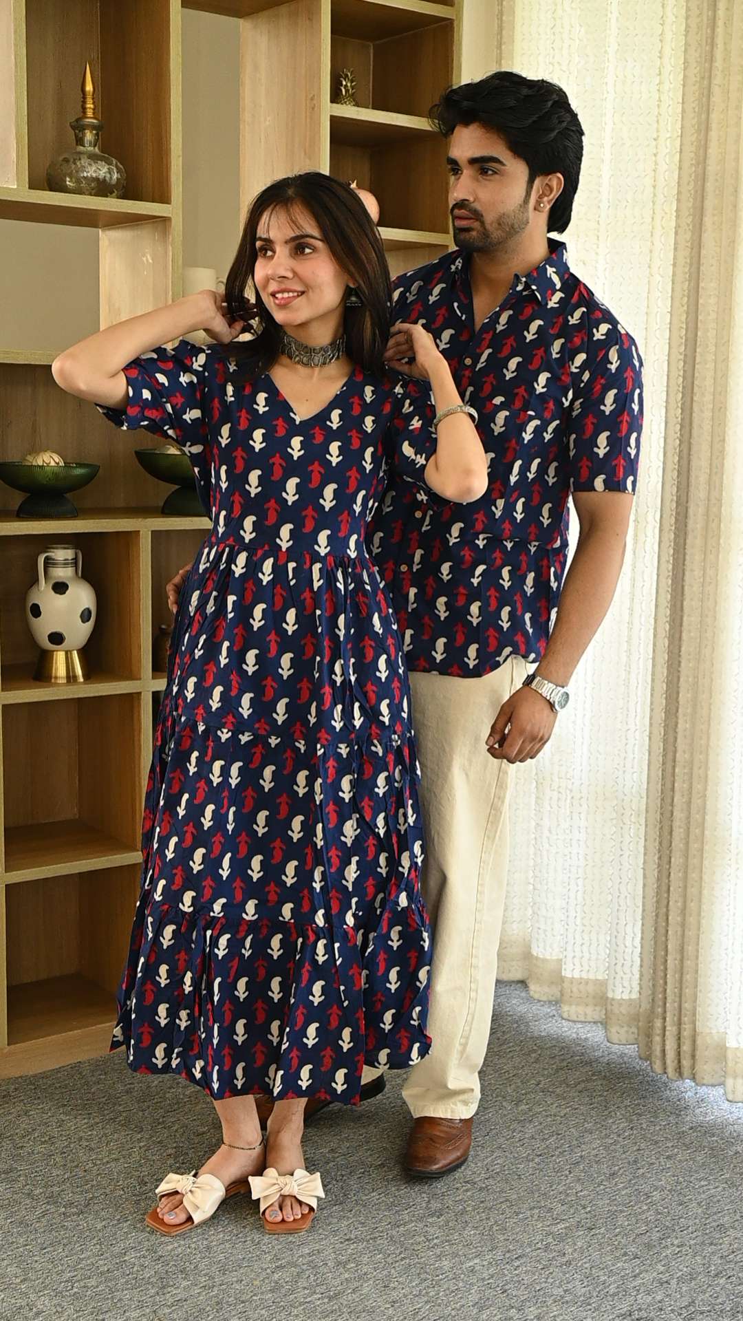 Couple Matching Navy Blue Cotton Anarkali Midi Dress and Shirt Set | Red & White Abstract Print