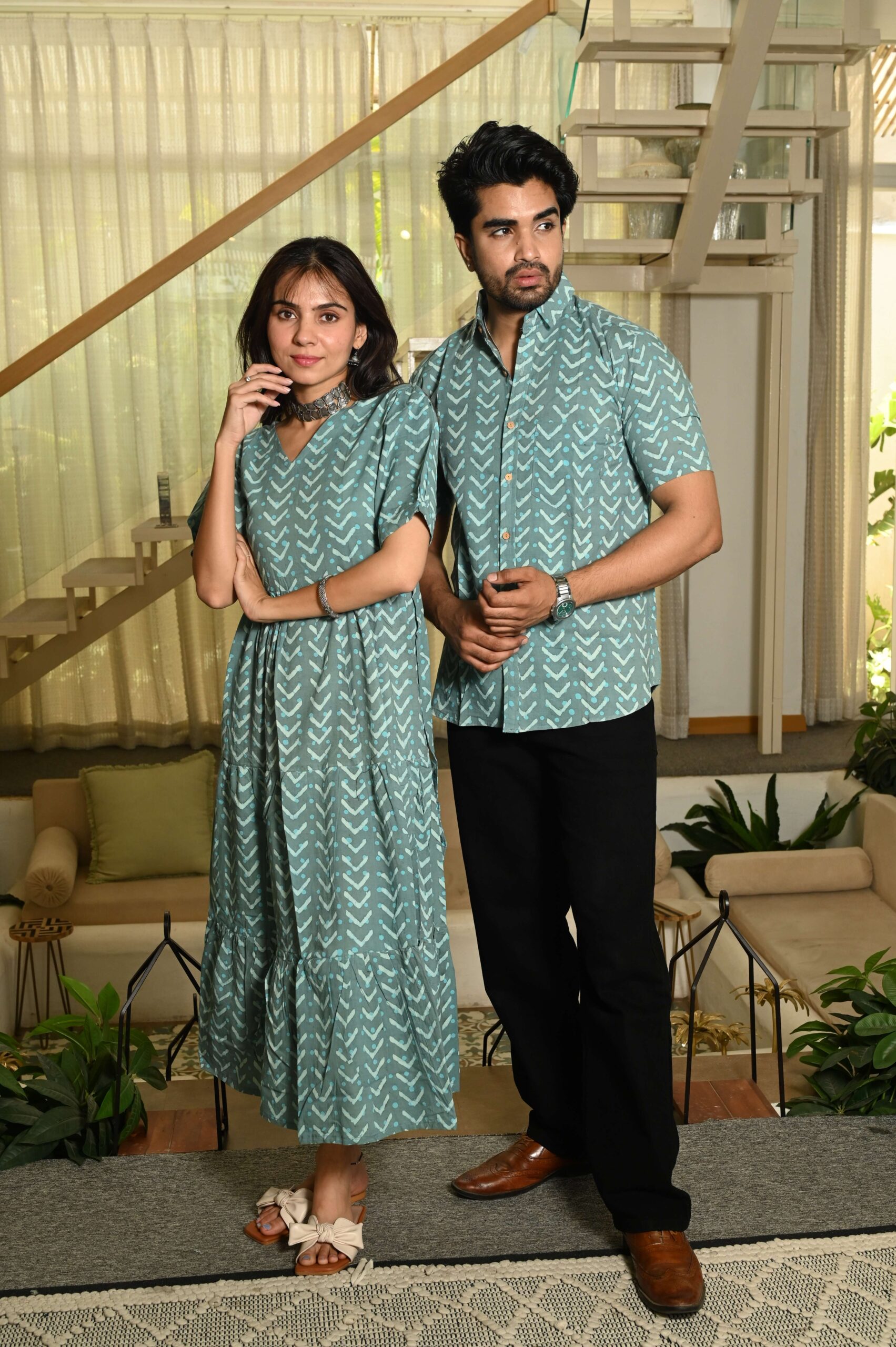 Couple Matching Green Cotton Anarkali Midi Dress and Shirt Set | Arrow Print - Image 3