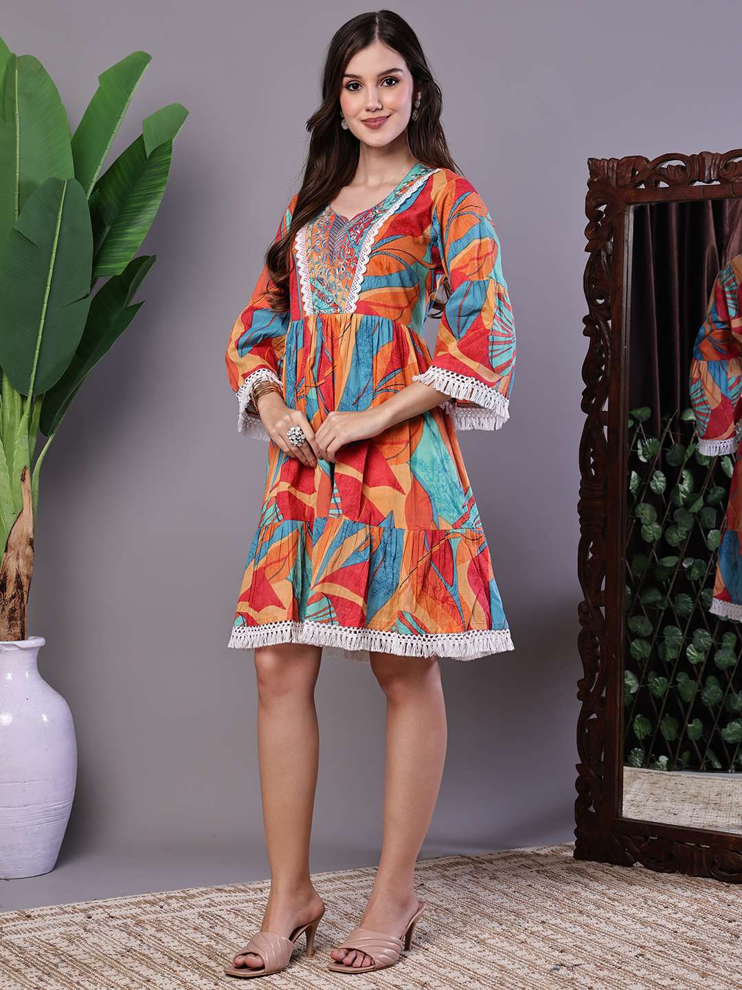 Women's Vibrant Print Cotton Tunic Dress with Crochet Lace & Three-Quarter Sleeves Midi Dresses - Image 3