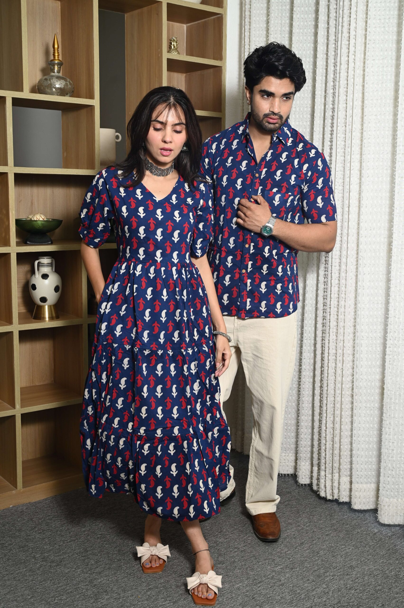 Couple Matching Navy Blue Cotton Anarkali Midi Dress and Shirt Set | Red & White Abstract Print - Image 3