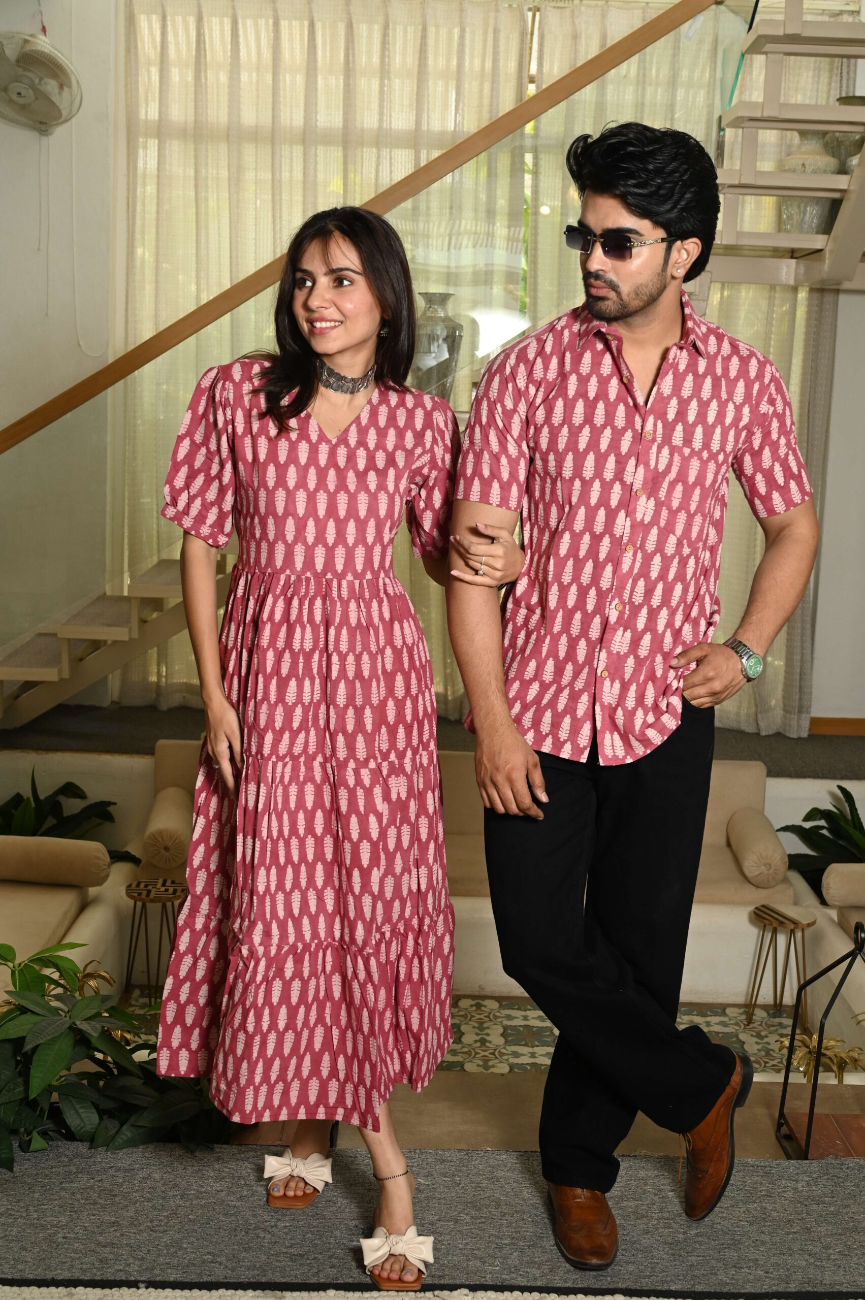 Couple Matching Pink Cotton Anarkali Midi Dress and Shirt Set | White Handblock Leaf Print - Image 3