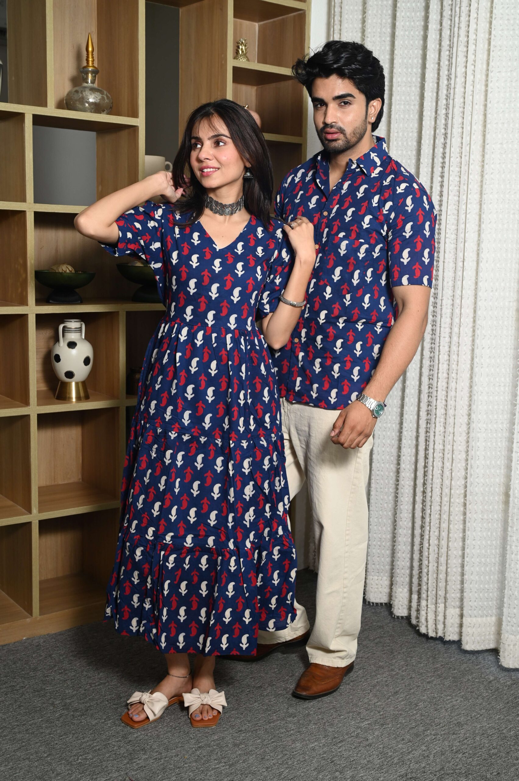 Couple Matching Navy Blue Cotton Anarkali Midi Dress and Shirt Set | Red & White Abstract Print - Image 2