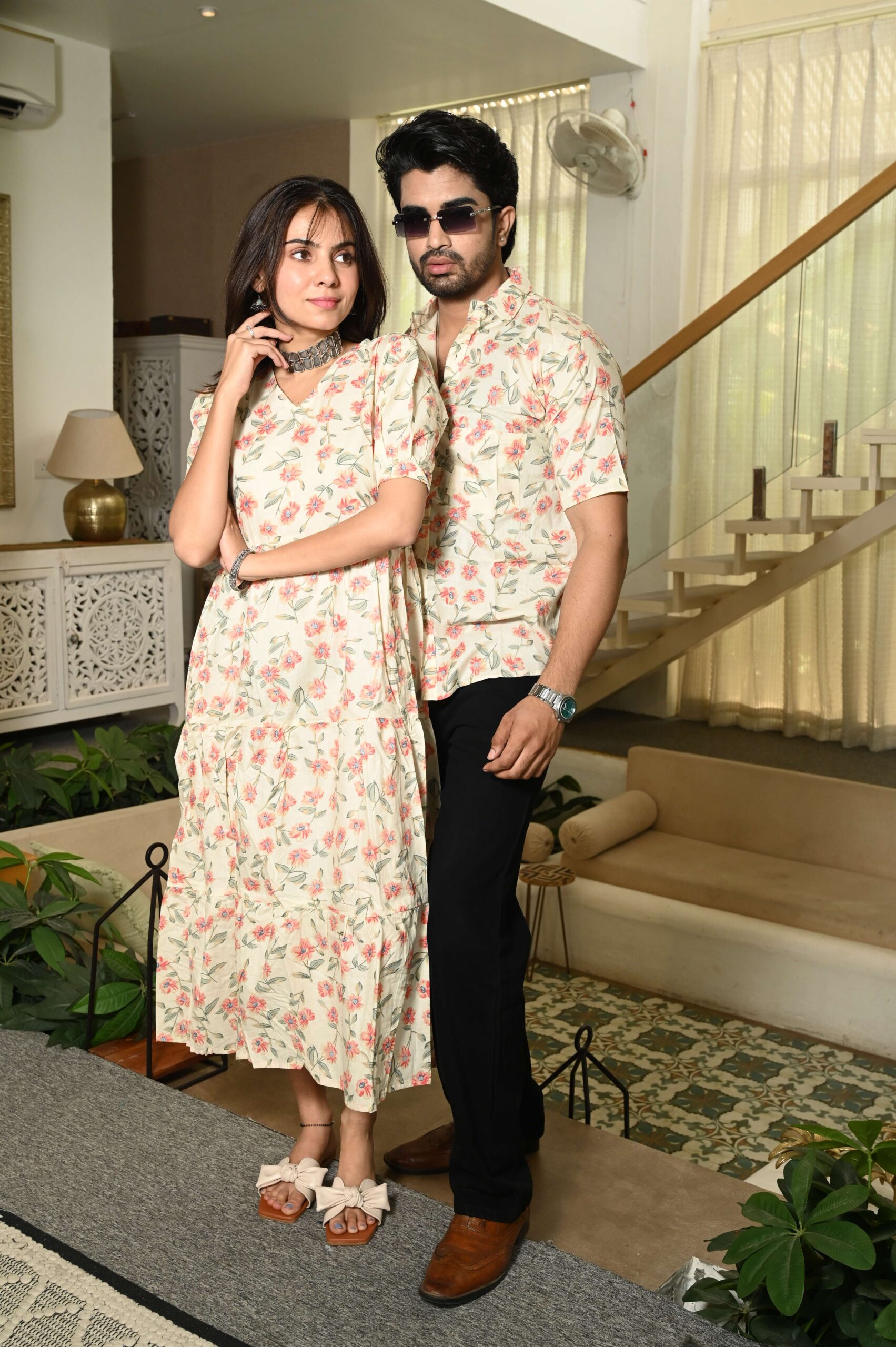 Couple Matching Cream floral Cotton Printed Anarkali Midi Dress & Shirt Set | Casual & Festive Wear