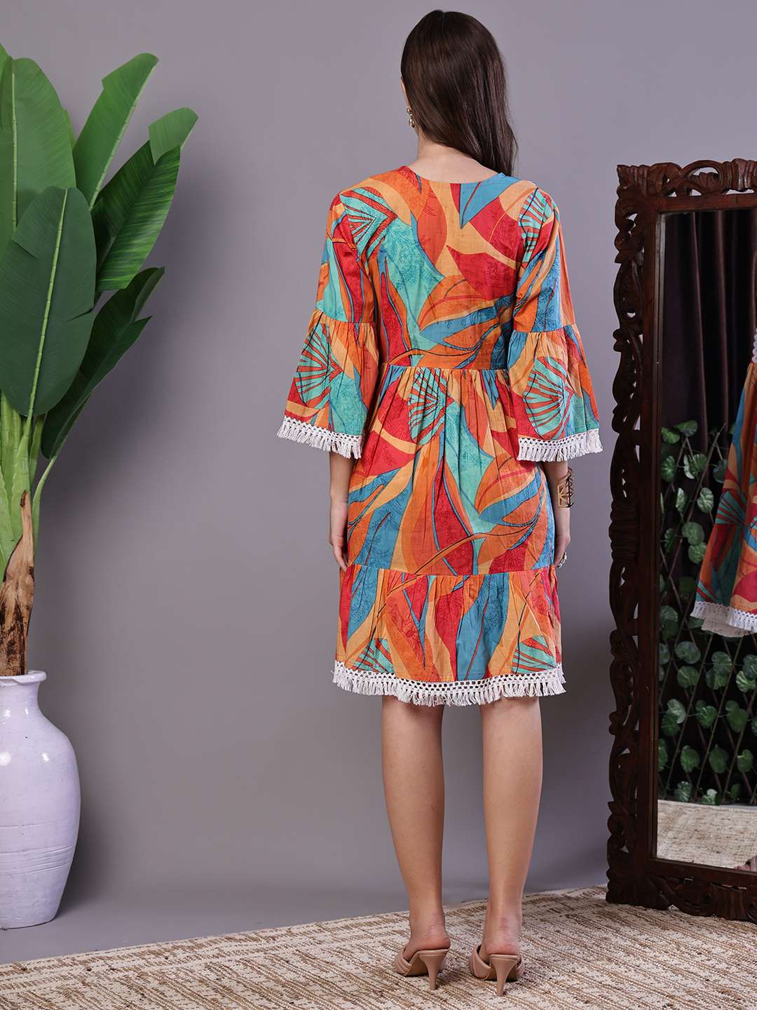 Women's Vibrant Print Cotton Tunic Dress with Crochet Lace & Three-Quarter Sleeves Midi Dresses - Image 2