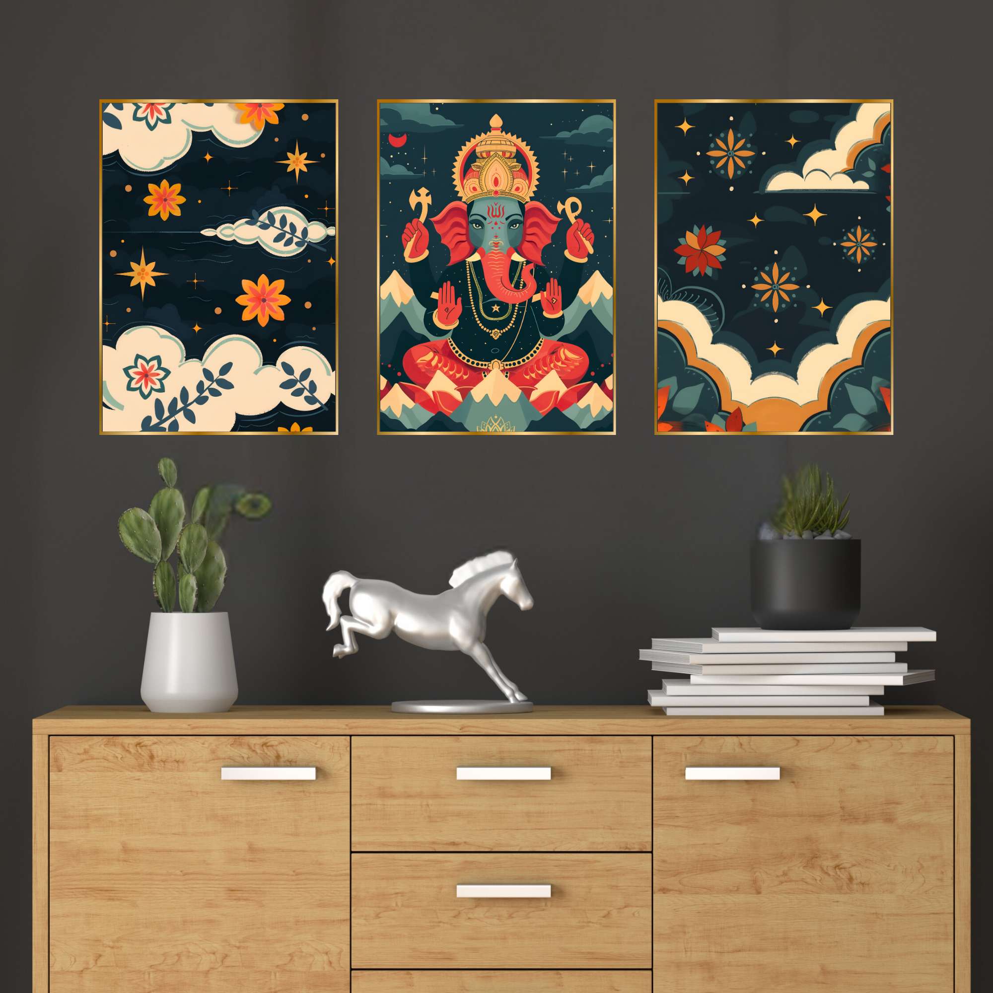 Set of Three Wall Paintings for Wall Decoration Golden Framed Wall Paintings for Living Room & Bedroom Wall Art for Home Decoration & Office Wall Décor (24x18 inch CH-GD3-6)
