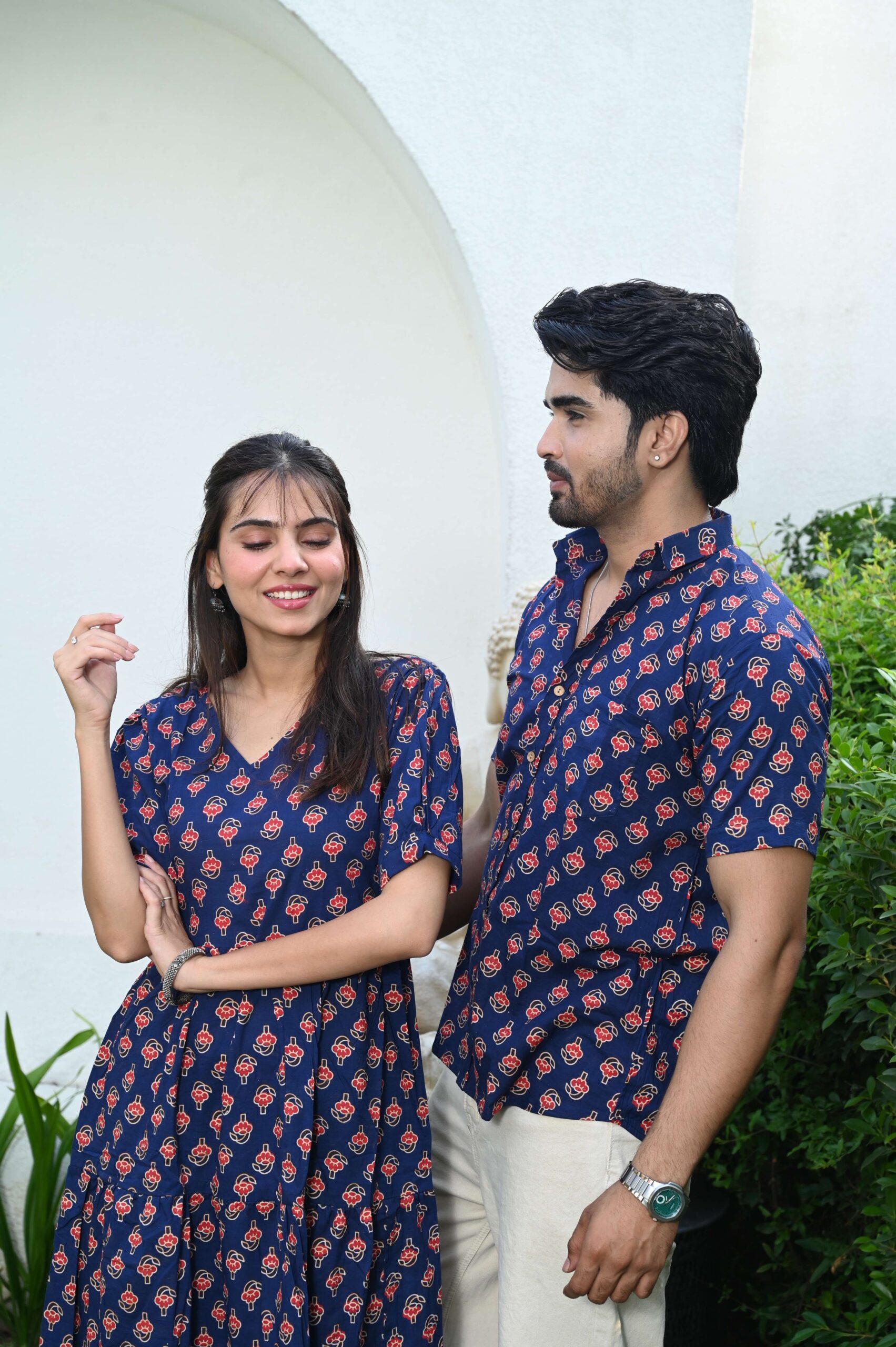 Couple Matching Navy Blue Cotton Printed Anarkali Midi Dress & Shirt Set | Casual & Festive Wear - Image 4