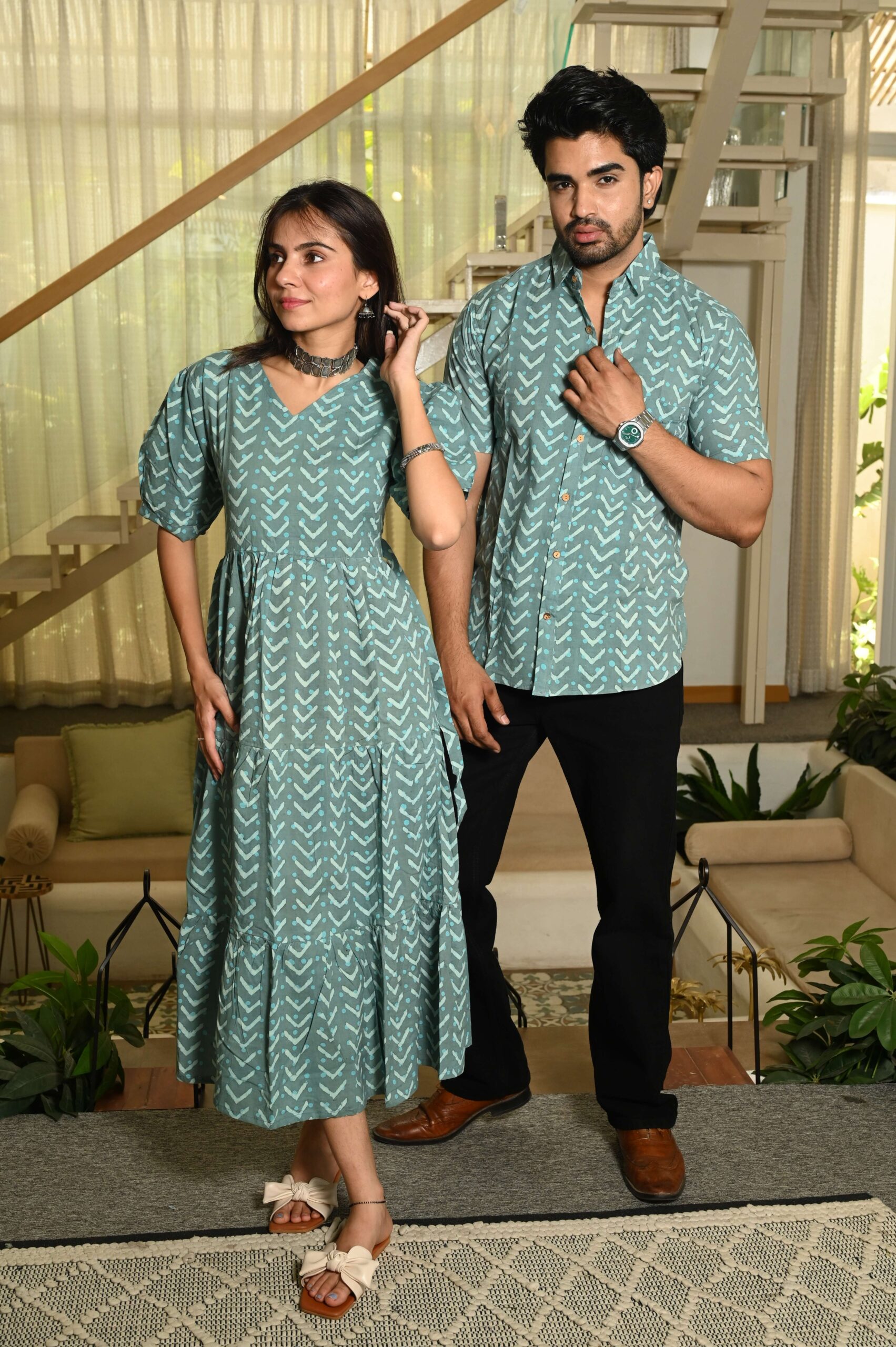 Couple Matching Green Cotton Anarkali Midi Dress and Shirt Set | Arrow Print - Image 2