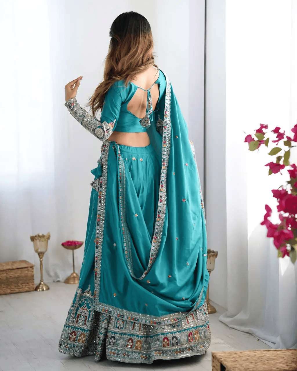 Women's Crepe Silk Sequin Embroidery and Zari Work Rajasthani Lehenga Choli with Dupatta - Image 8
