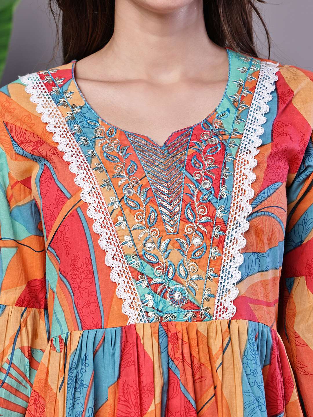 Women's Vibrant Print Cotton Tunic Dress with Crochet Lace & Three-Quarter Sleeves Midi Dresses - Image 5