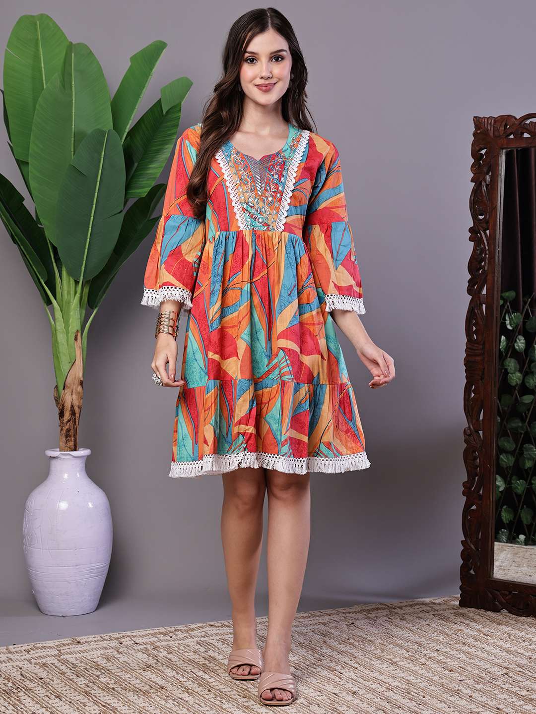Women's Vibrant Print Cotton Tunic Dress with Crochet Lace & Three-Quarter Sleeves Midi Dresses