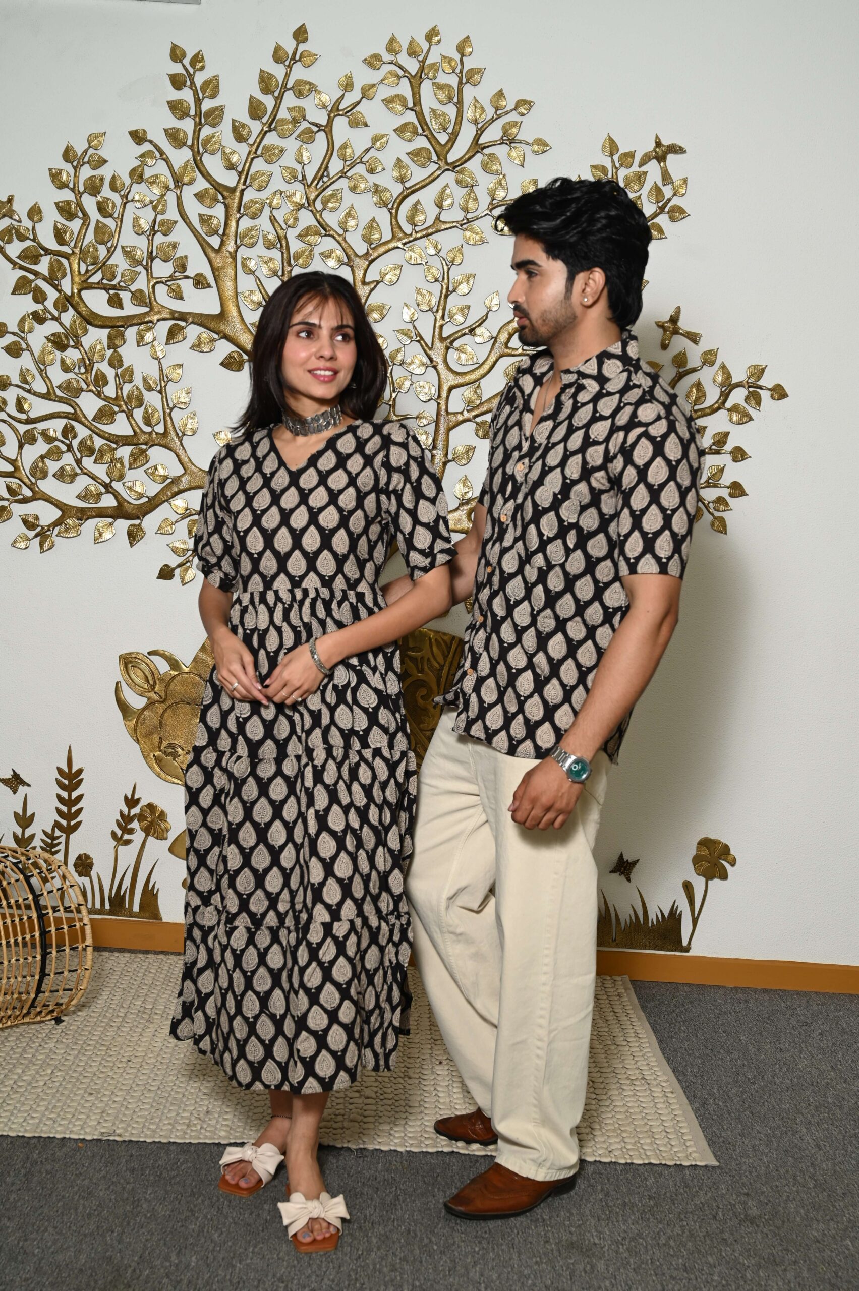 Couple Matching Black & Beige Cotton Anarkali Midi Dress and Shirt Set | Leaf Print Twinning Outfit
