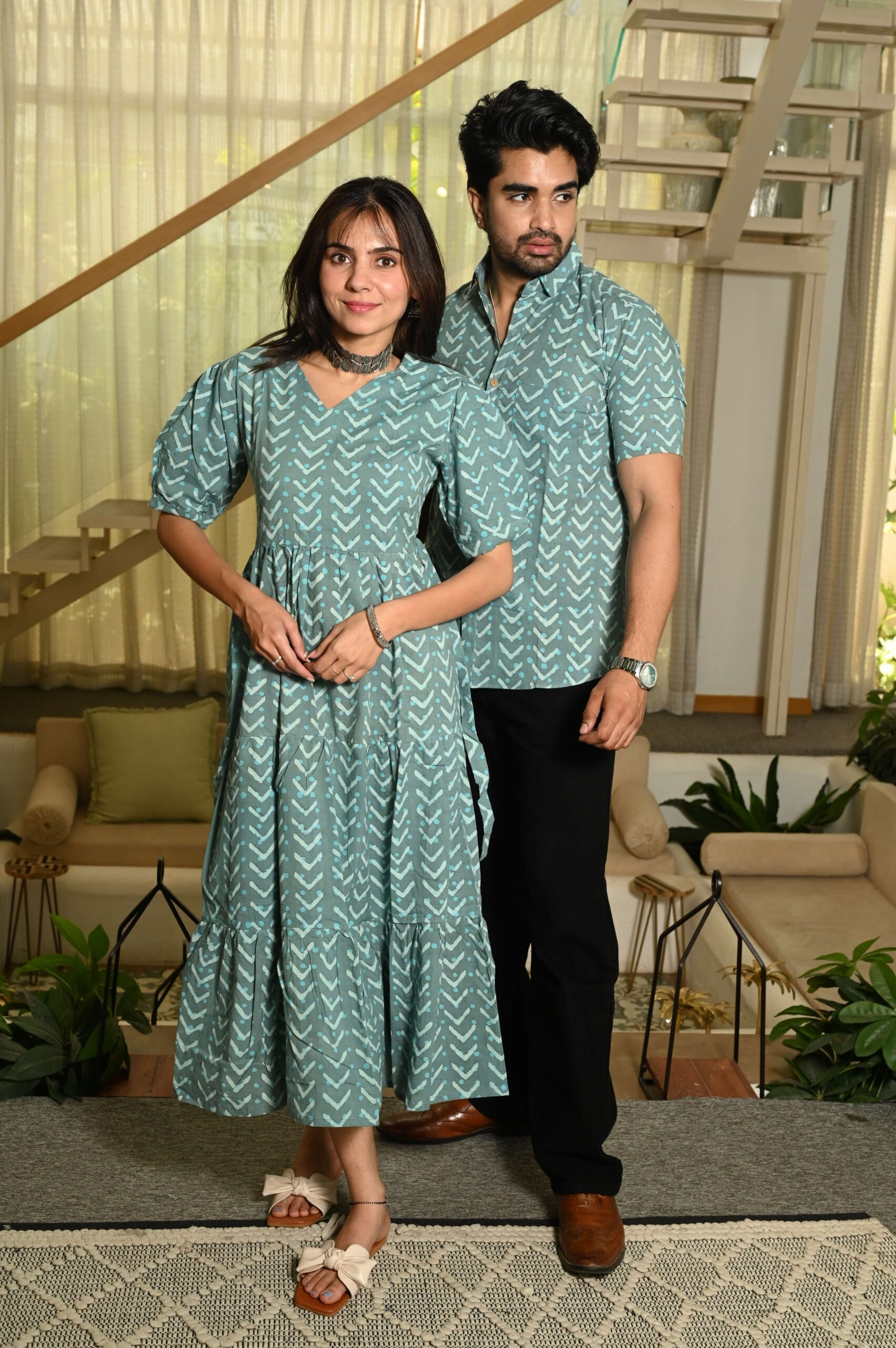 Couple Matching Green Cotton Anarkali Midi Dress and Shirt Set | Arrow Print