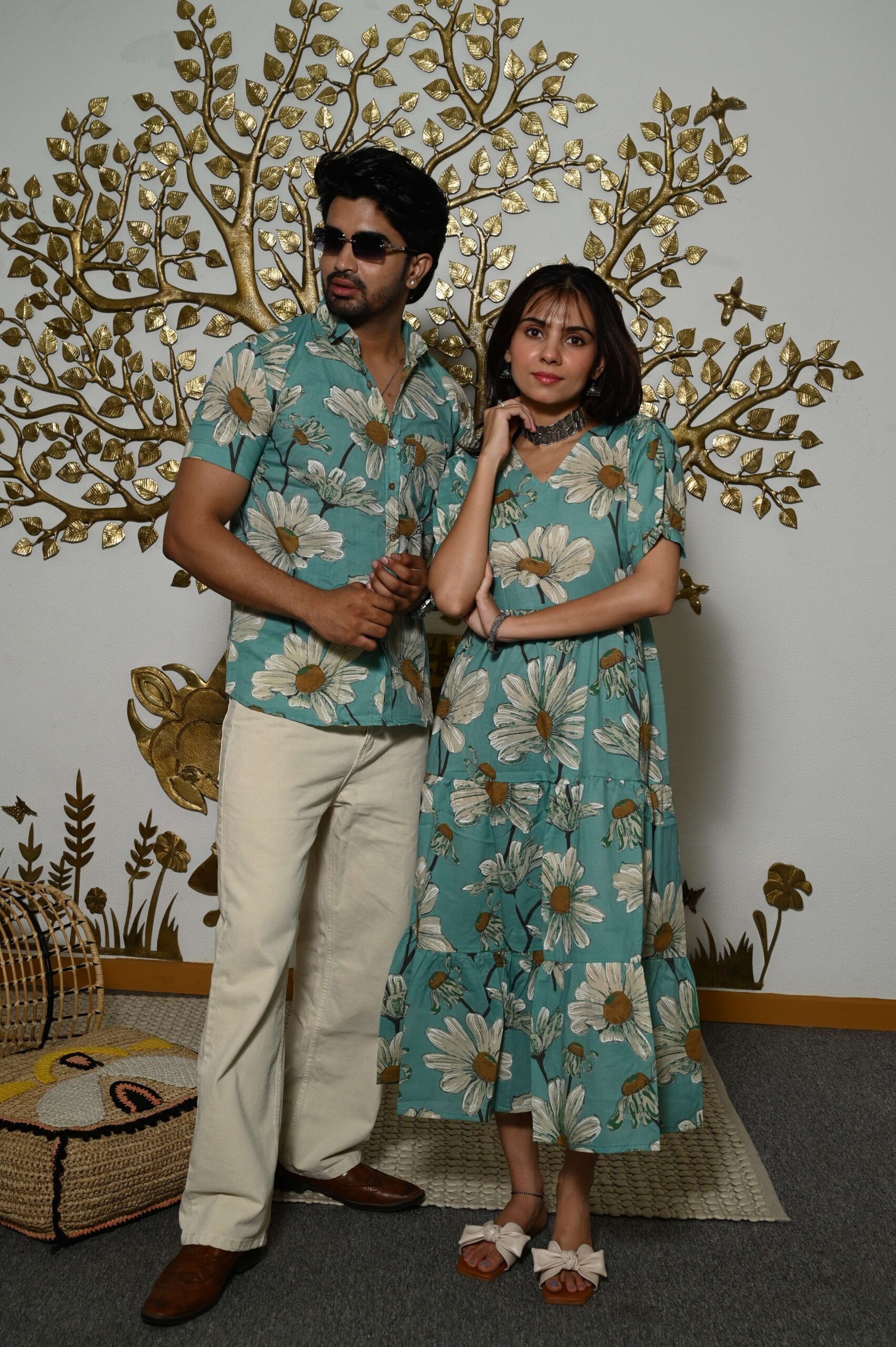 Couple Matching Teal-Blue floral Printed Cotton Anarkali Midi Dress & Shirt Set | Summer Casual Wear - Image 2