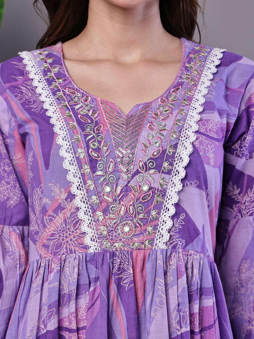 Women's Purple Floral Cotton A-Line Dress with Lace Detailing Midi Dresses - Image 5