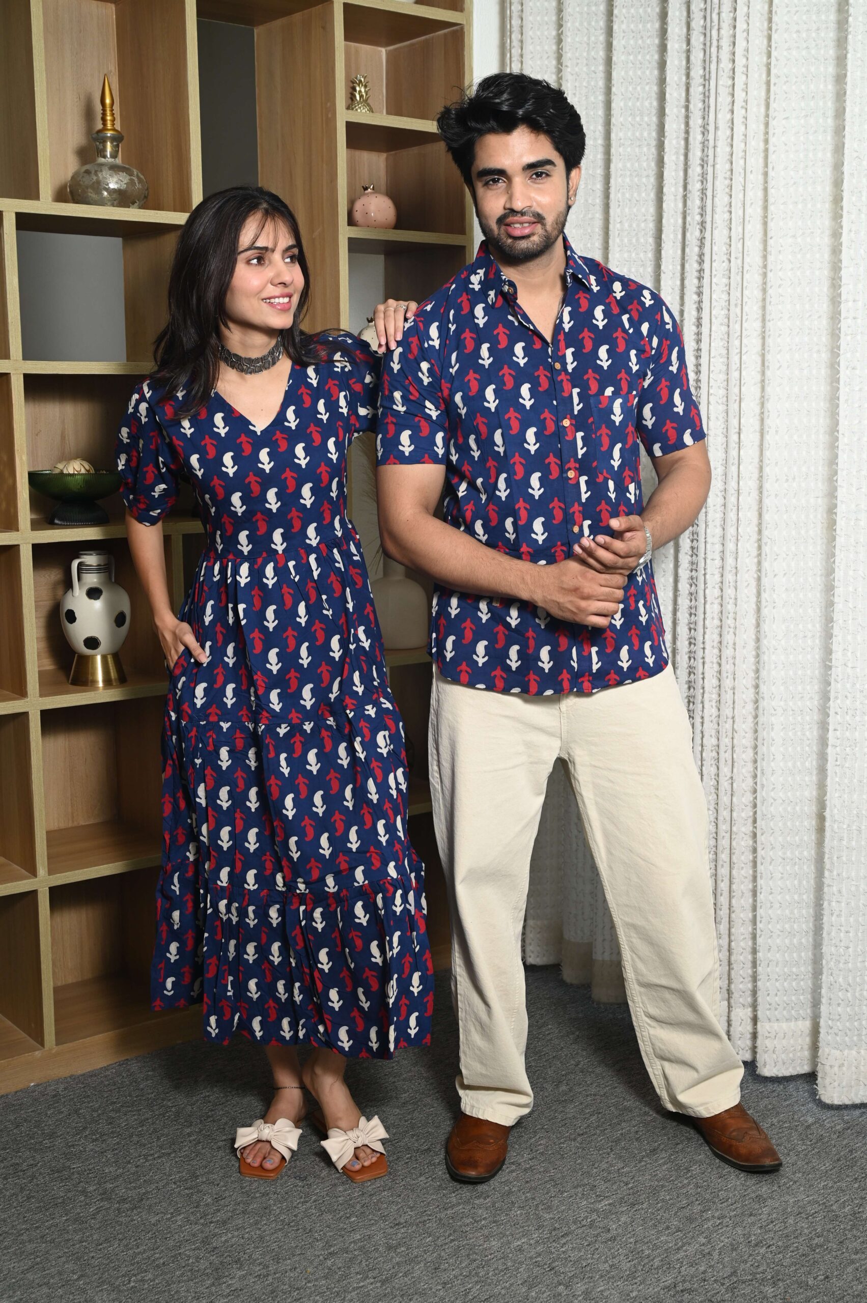 Couple Matching Navy Blue Cotton Anarkali Midi Dress and Shirt Set | Red & White Abstract Print - Image 5