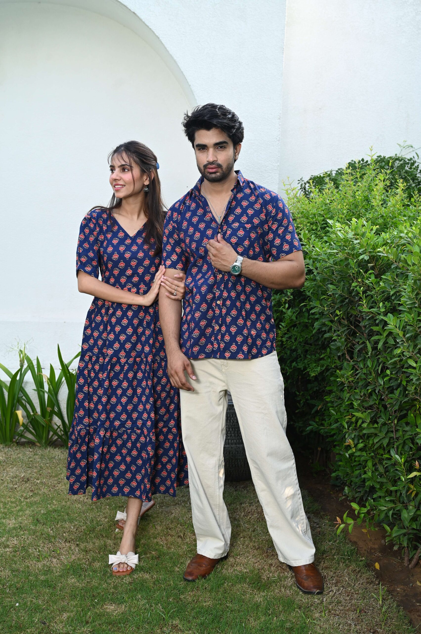 Couple Matching Navy Blue Cotton Printed Anarkali Midi Dress & Shirt Set | Casual & Festive Wear - Image 3