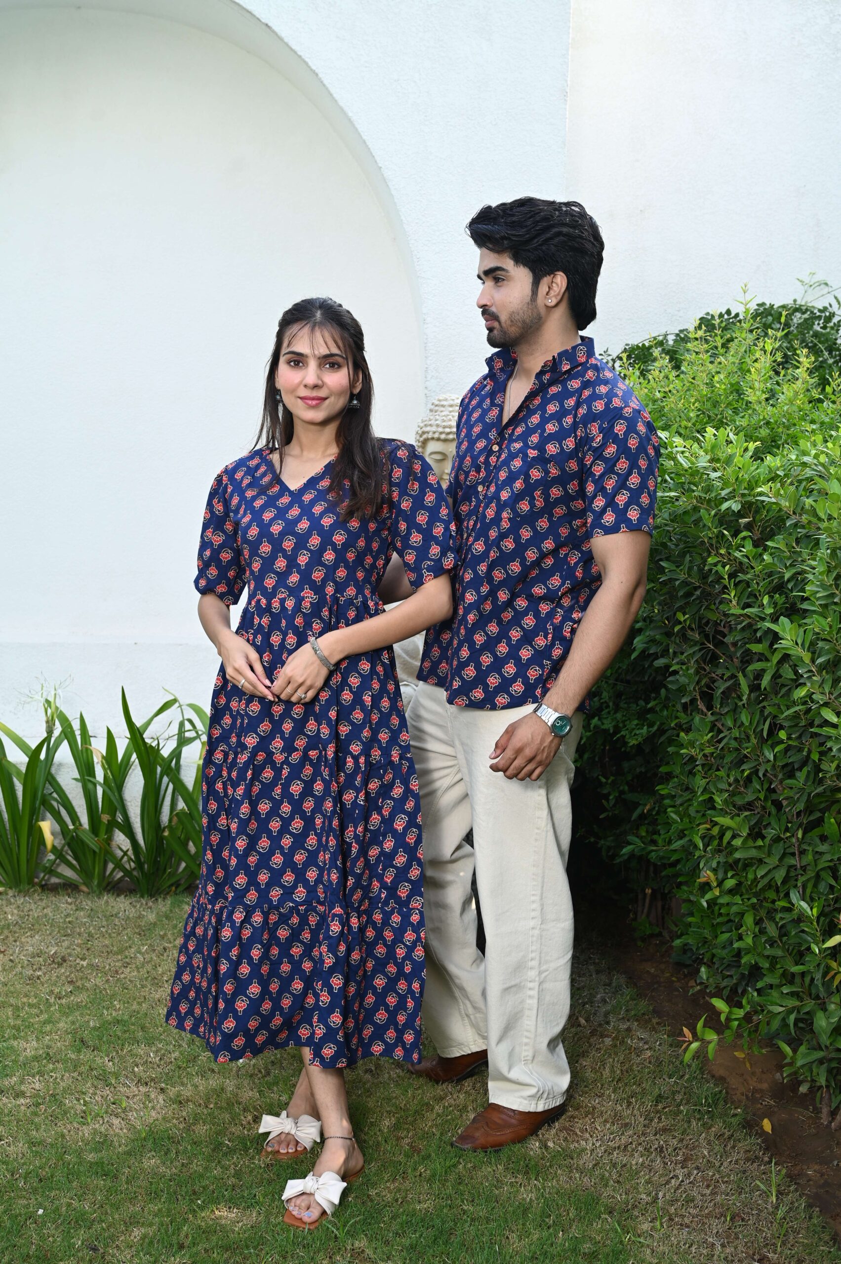 Couple Matching Navy Blue Cotton Printed Anarkali Midi Dress & Shirt Set | Casual & Festive Wear