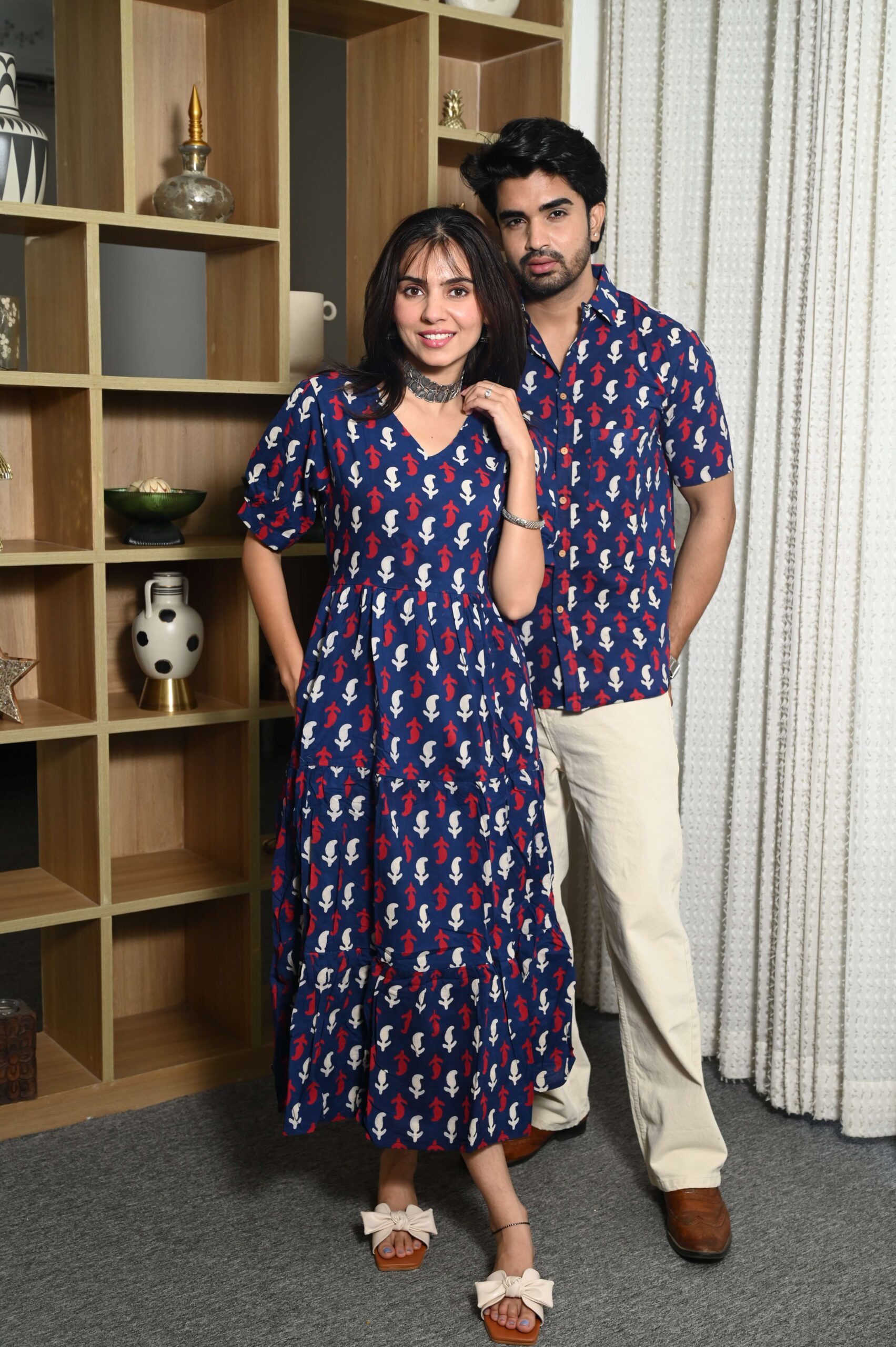 Couple Matching Navy Blue Cotton Anarkali Midi Dress and Shirt Set | Red & White Abstract Print - Image 4
