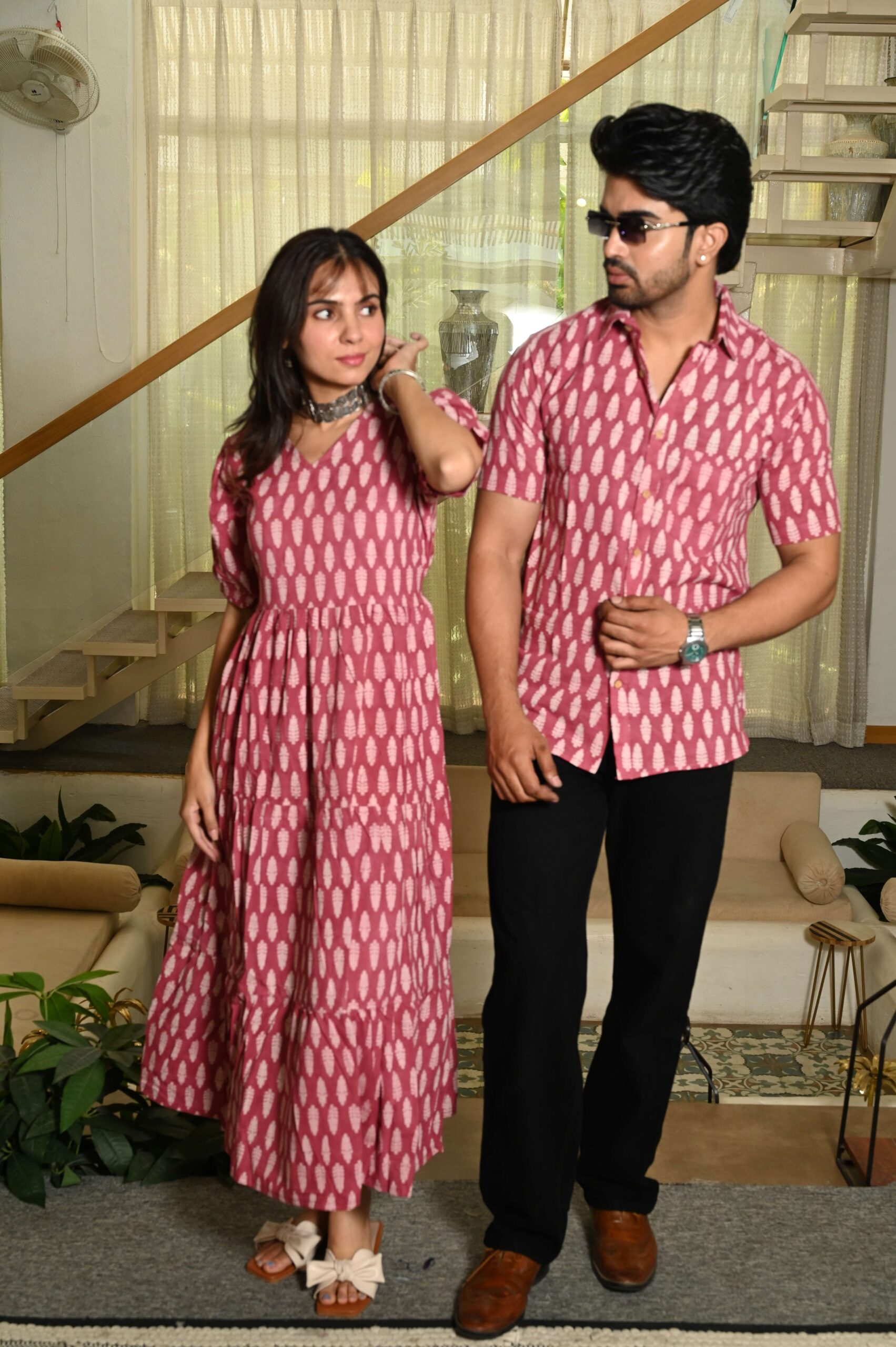Couple Matching Pink Cotton Anarkali Midi Dress and Shirt Set | White Handblock Leaf Print - Image 2