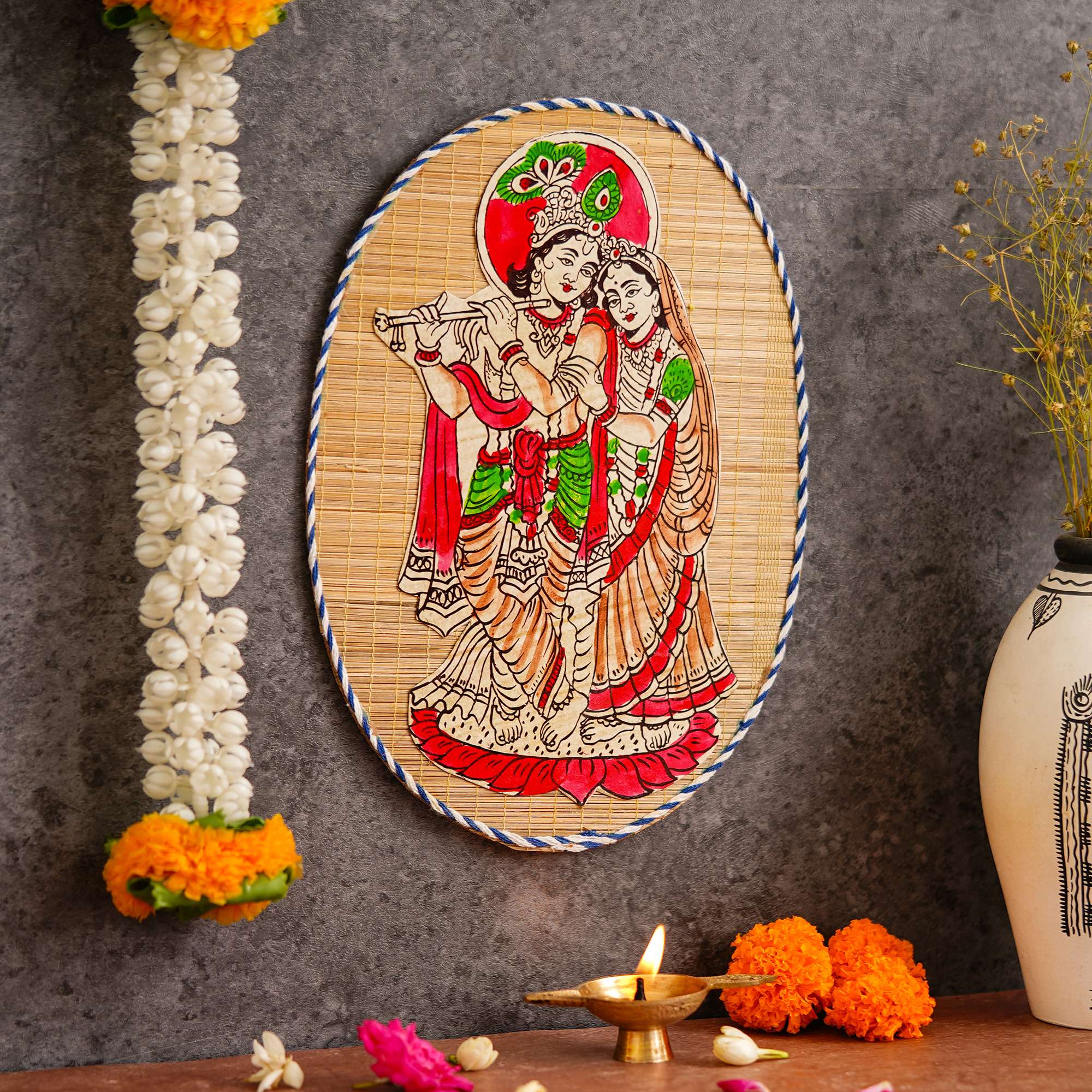 Oval Shaped Design Bamboo Handcrafted Wall Hangings Of Krishna Ji With Radha Ji For Home Decor | Bamboo Art For Wall Decor