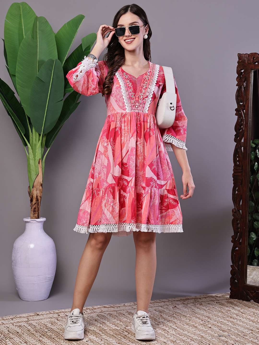 Women's Pink Floral Printed Cotton A-Line Dress with Embroidered Yoke Midi Dresses - Image 4