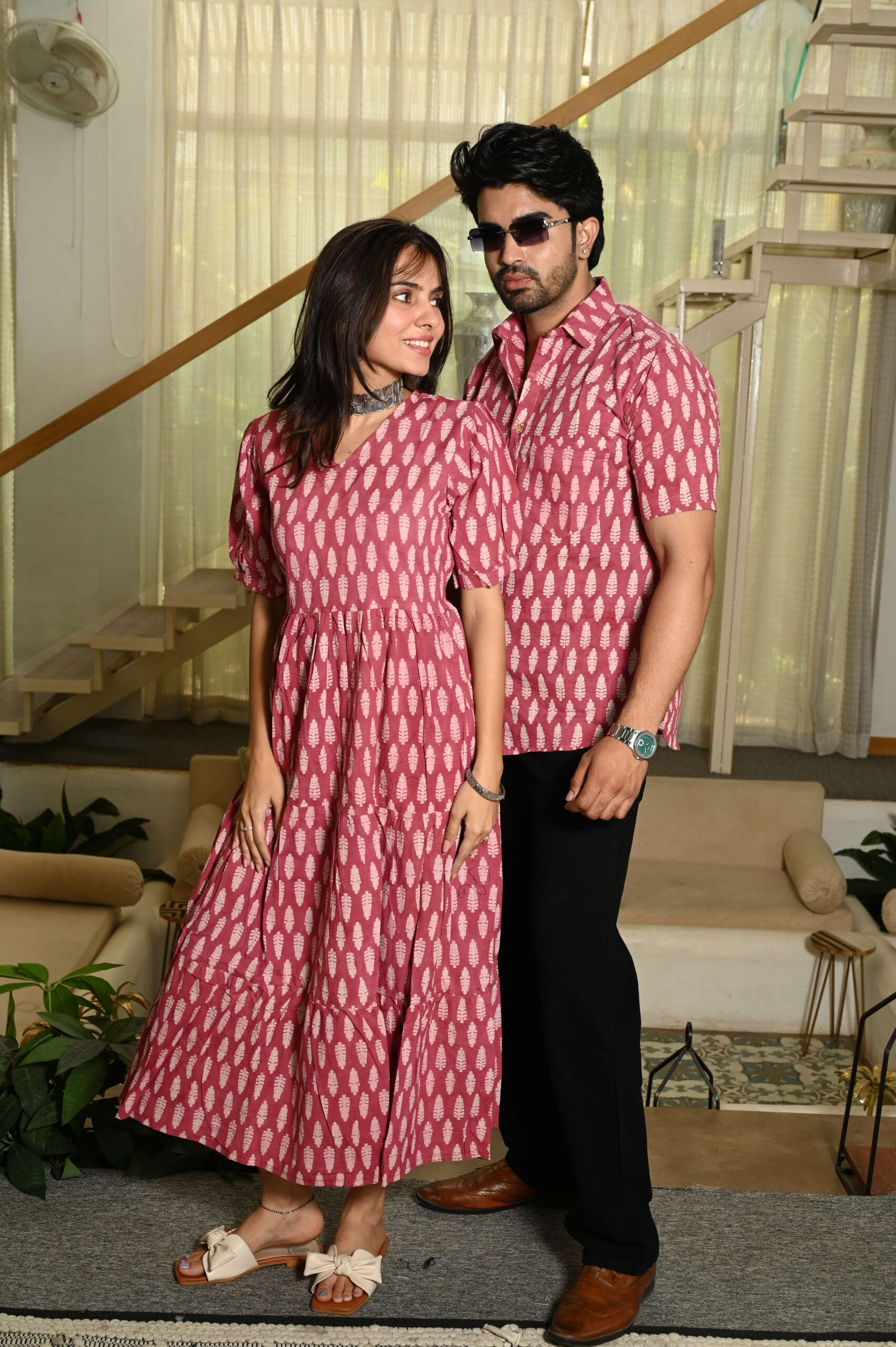 Couple Matching Pink Cotton Anarkali Midi Dress and Shirt Set | White Handblock Leaf Print