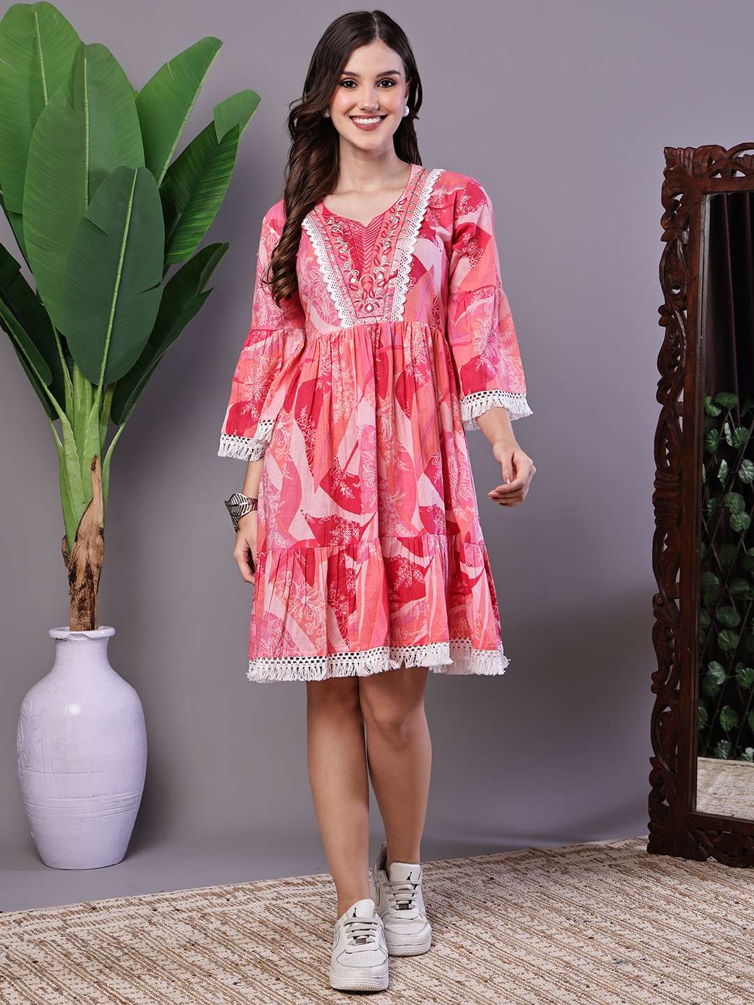 Women's Pink Floral Printed Cotton A-Line Dress with Embroidered Yoke Midi Dresses