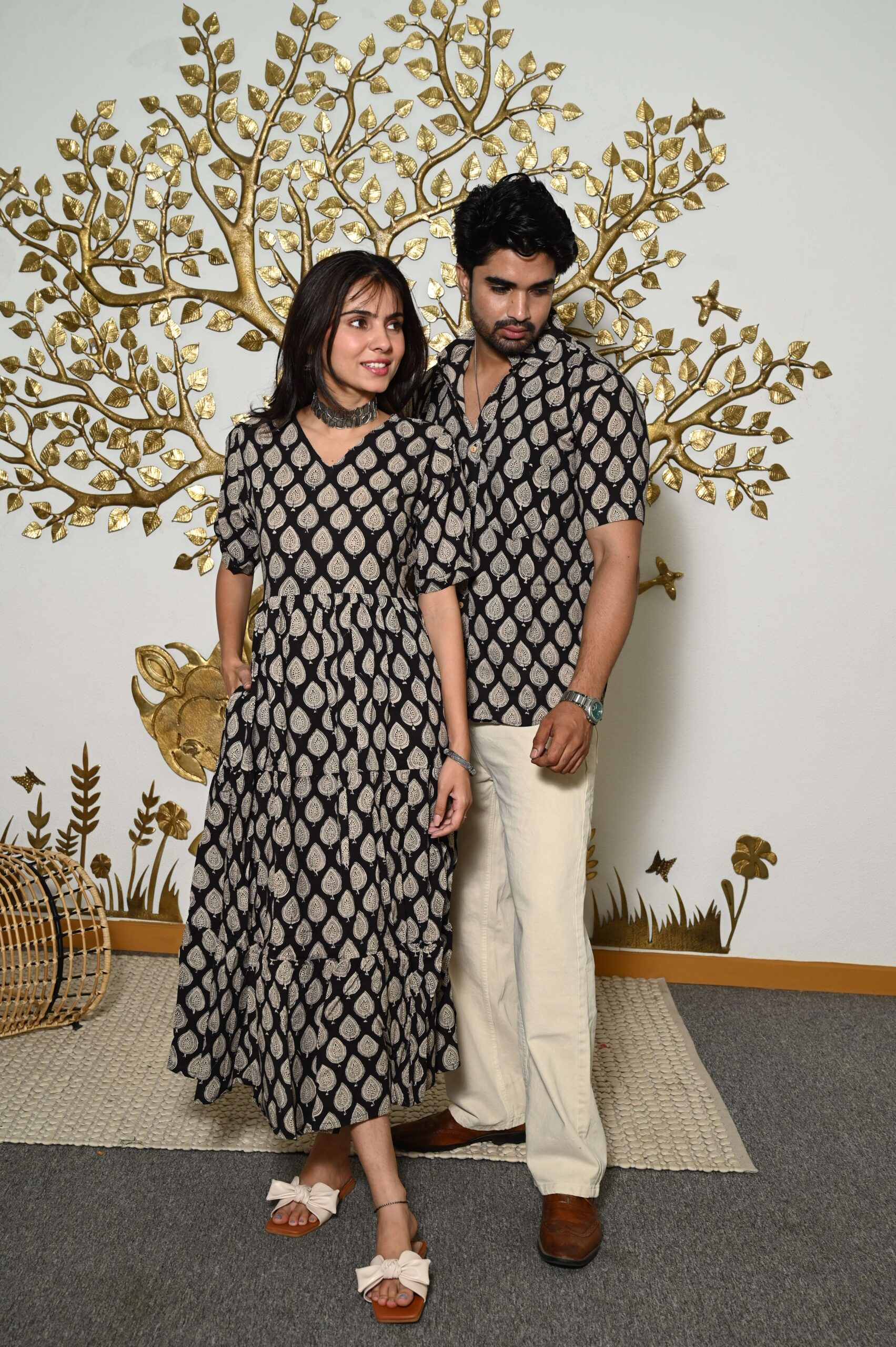 Couple Matching Black & Beige Cotton Anarkali Midi Dress and Shirt Set | Leaf Print Twinning Outfit - Image 2