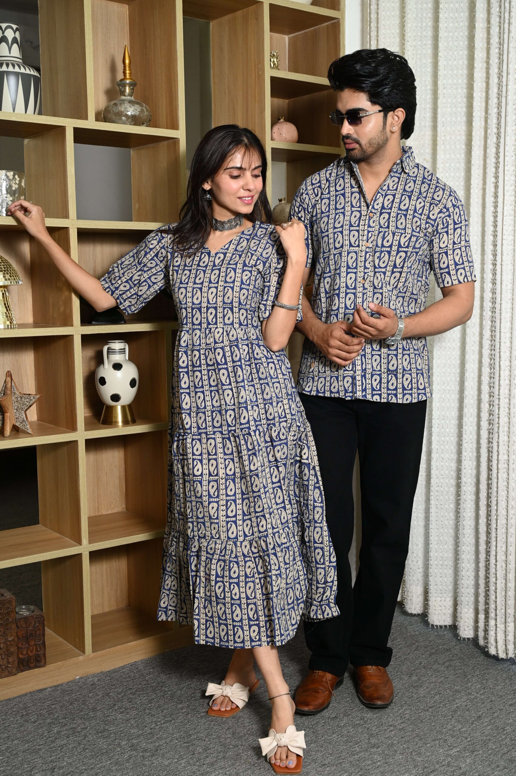Couple Matching Navy Blue Cotton Anarkali Midi Dress and Shirt Set | Paisley Block Print - Image 2