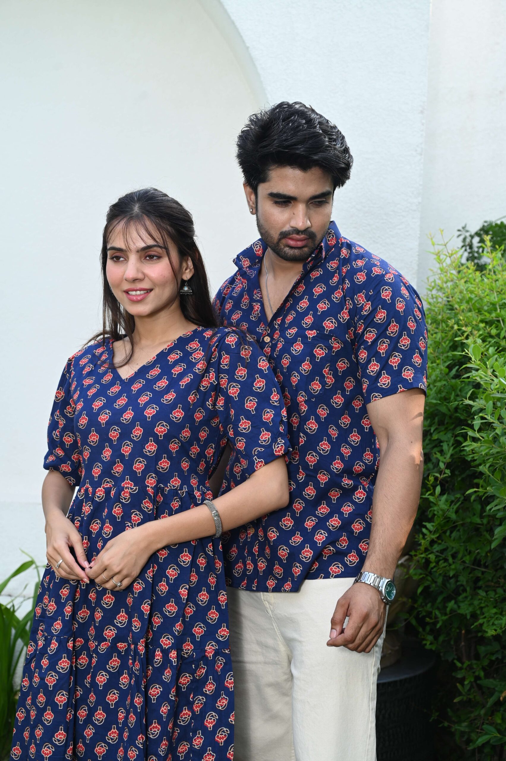 Couple Matching Navy Blue Cotton Printed Anarkali Midi Dress & Shirt Set | Casual & Festive Wear - Image 5