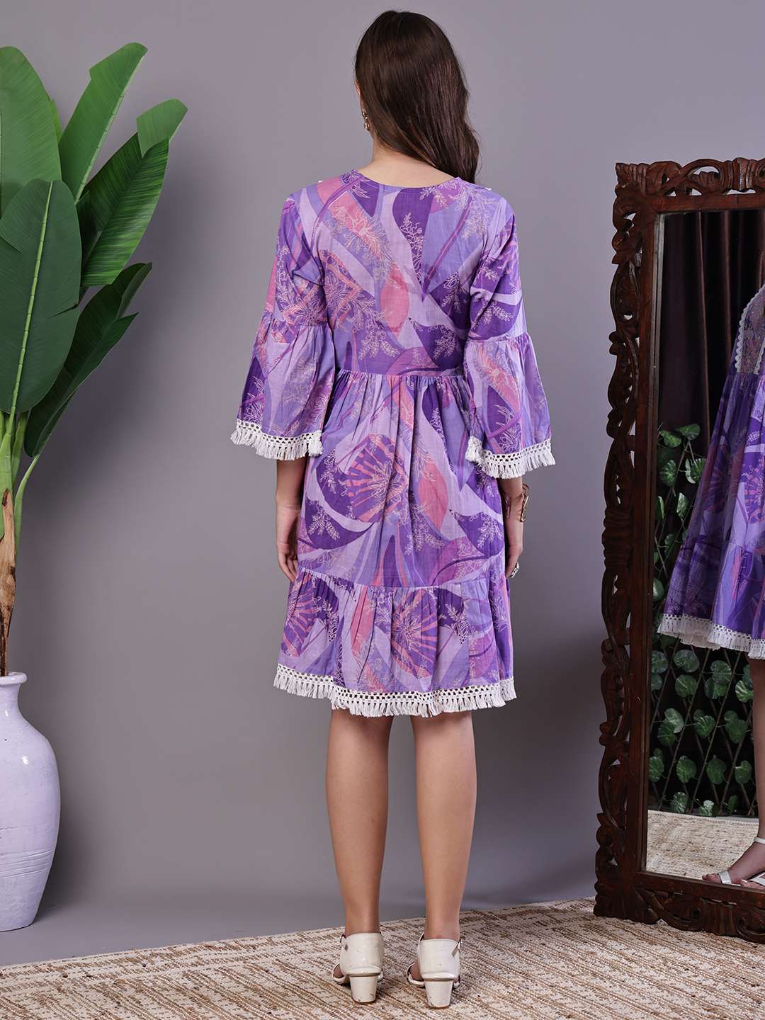 Women's Purple Floral Cotton A-Line Dress with Lace Detailing Midi Dresses - Image 2