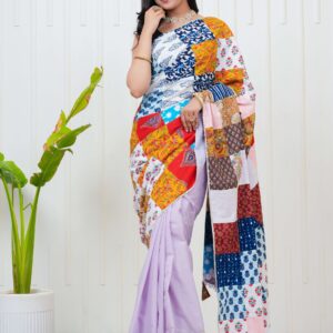 Women’s Multicolor Patchwork Printed Saree with Light Purple Base Blouse Piece Stylish Ethnic Wear