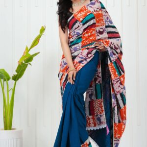 Women’s Multicolor Abstract Patchwork Printed Saree with Blue Base Blouse Piece Elegant Ethnic Wear
