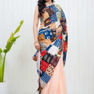 Women’s Multicolor Patchwork Printed Saree with Blouse Piece Ethnic Party Casual Wear