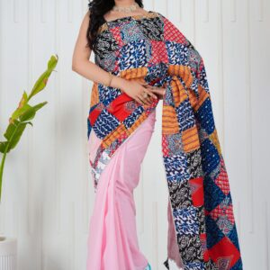 Women’s Multicolor Patchwork Printed Saree with Pastel Pink Base Blouse Piece Elegant Ethnic Wear