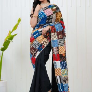 Women’s Multicolor Patchwork Printed Saree with Black Base Blouse Piece Trendy Ethnic Wear